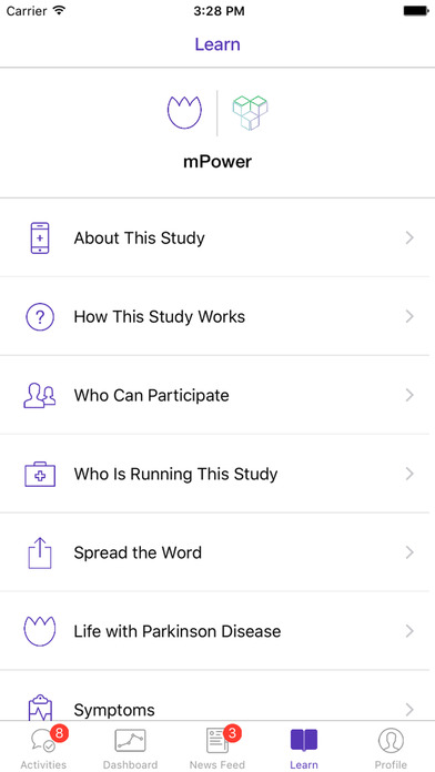 Clinical trial app screen